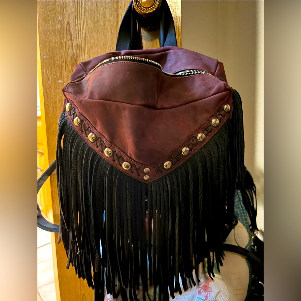 Birdtrouble 100% leather Mini Melissa purple&black pebbled bison fringe backpack